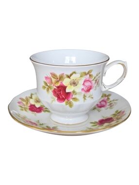 Vintage 1950s bone china tea cup and saucer rose floral gold trim scalloped rim